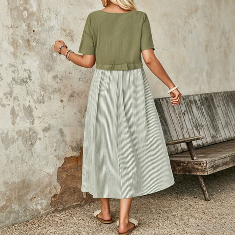 Women's Summer Stripe Round Neck Short Sleeve Casual Mid-Calf Dress