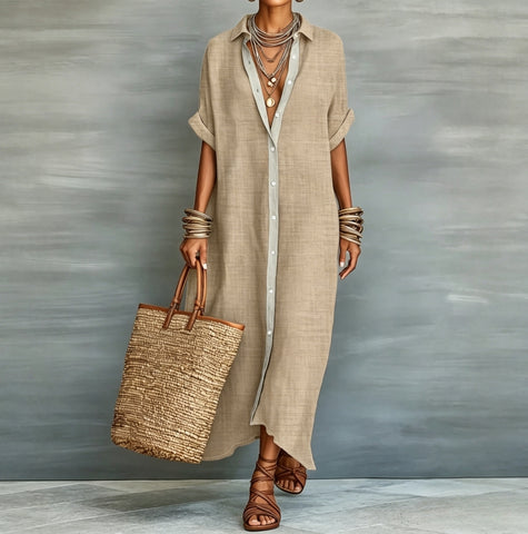 Women's Loose Turndown Collar Short Sleeve Cardigan Dress