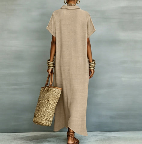 Women's Loose Turndown Collar Short Sleeve Cardigan Dress