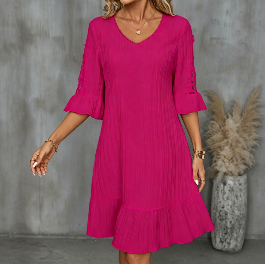 Womens Fashionable Solid Color Medium Sleeve Dress