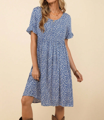Womens Blue Floral Print Flounce Sleeve Dress Plus Size