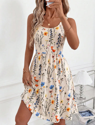 Women's New Elegant U-Neck Cinched Waist Floral Print Vacation Dress