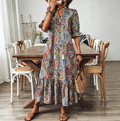 Women's Bohemian Style Printed Mid-Sleeve Dress
