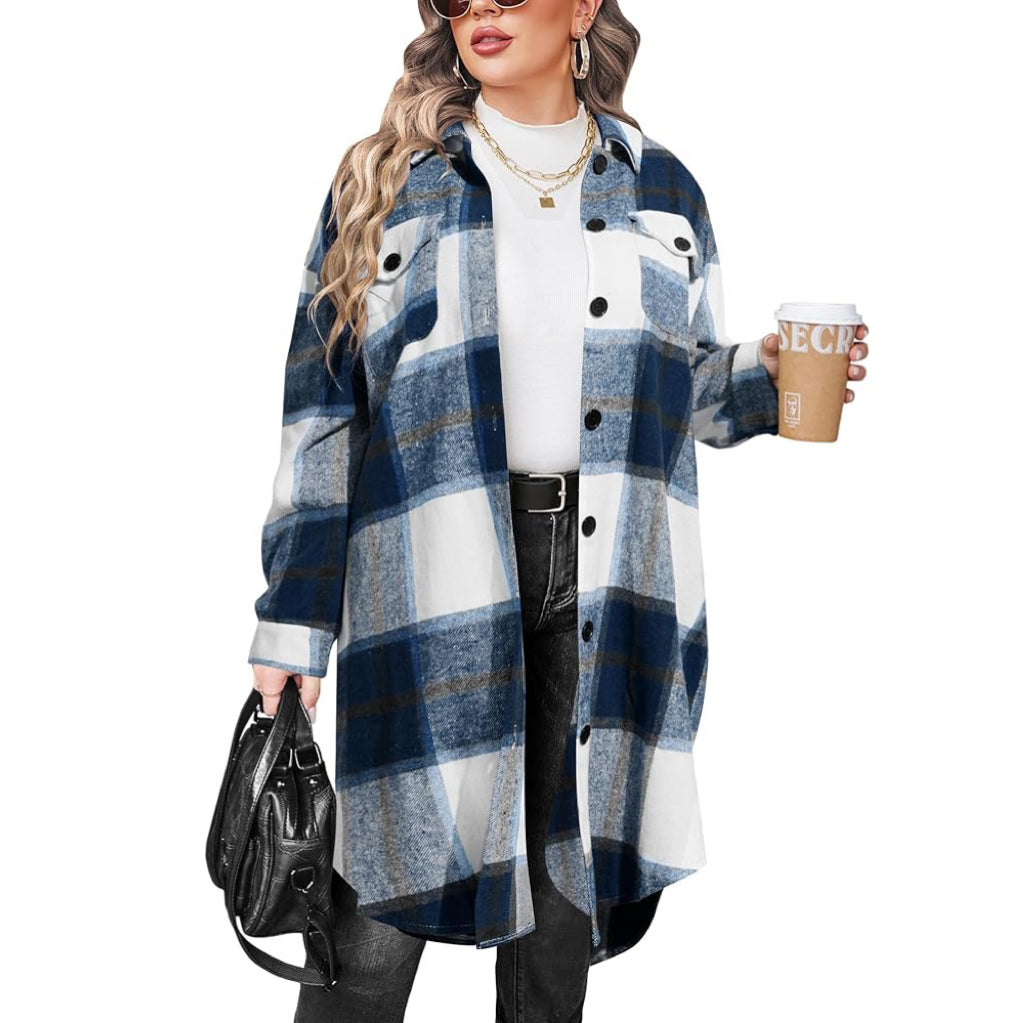 Women's Plus Size Flannel Plaid Shirt Long  Jacket Coat