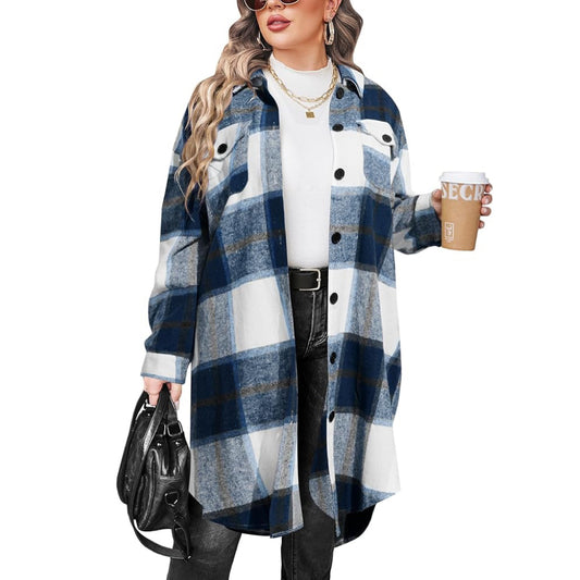 Women's Plus Size Flannel Plaid Shirt Long  Jacket Coat
