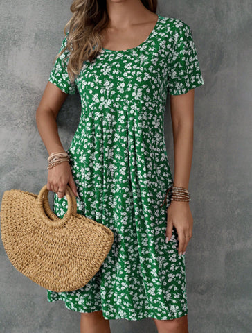 Women's Round Neck Short Sleeve All-Over Floral Print Casual Short Dress