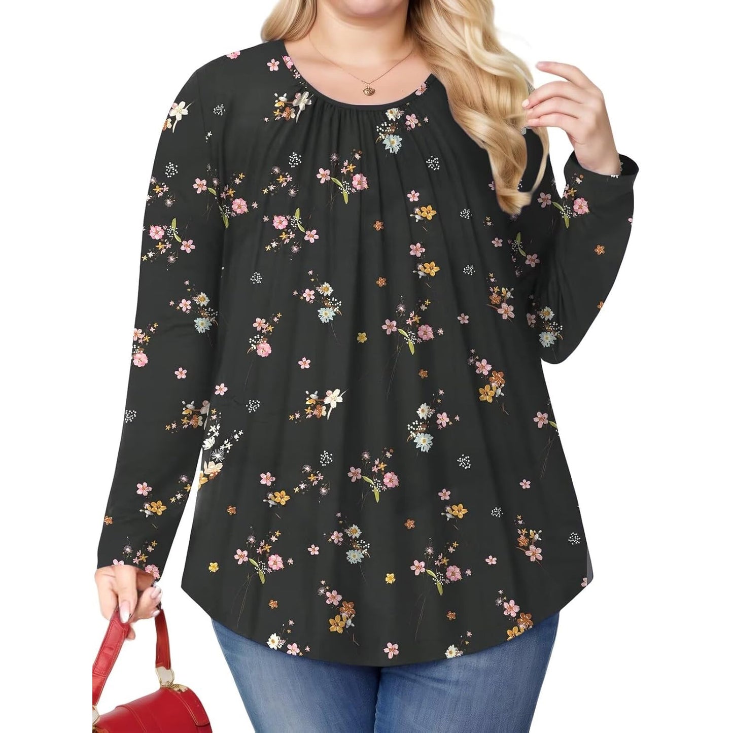 Women's Plus-Size Casual Long Sleeve Tees, Basic Tunics, Trendy Pleated Blouses