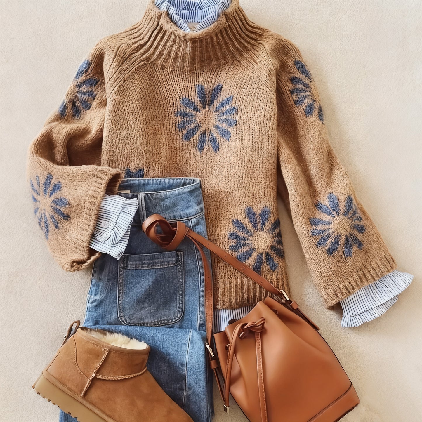 Women'S Elegant Floral Sweater Soft Long Sleeve Pullover Sweater