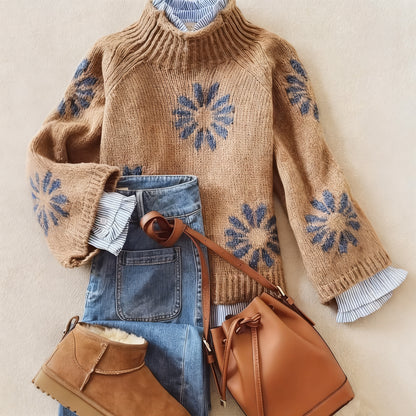 Women'S Elegant Floral Sweater Soft Long Sleeve Pullover Sweater
