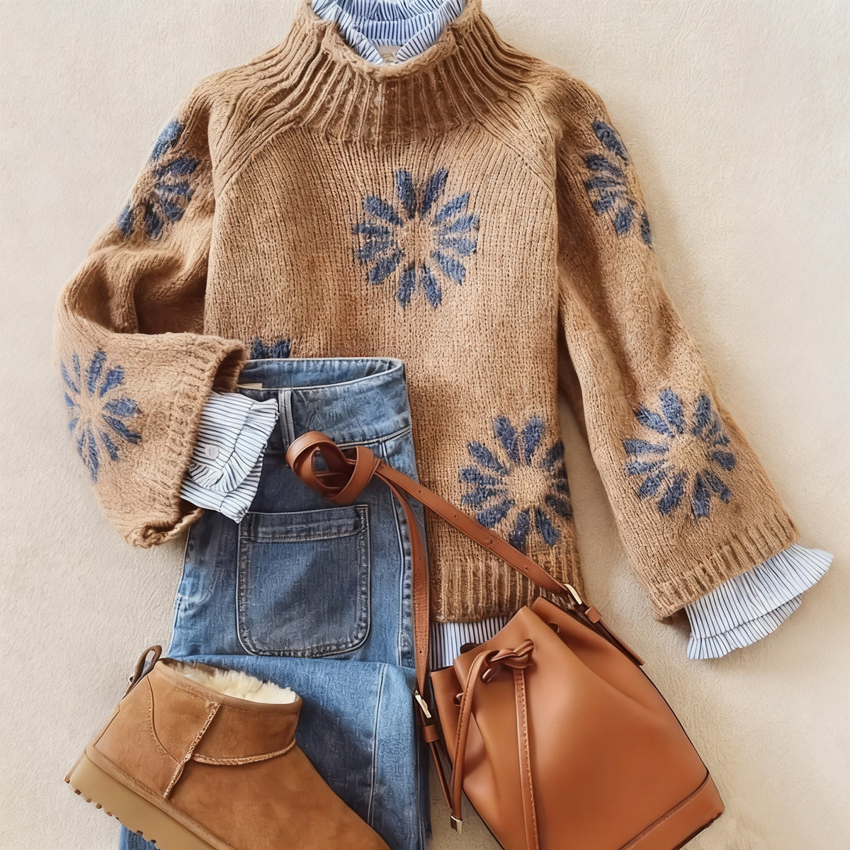 Women'S Elegant Floral Sweater Soft Long Sleeve Pullover Sweater