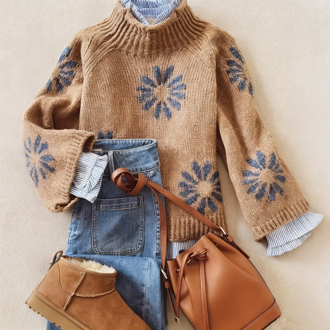 Women'S Elegant Floral Sweater Soft Long Sleeve Pullover Sweater