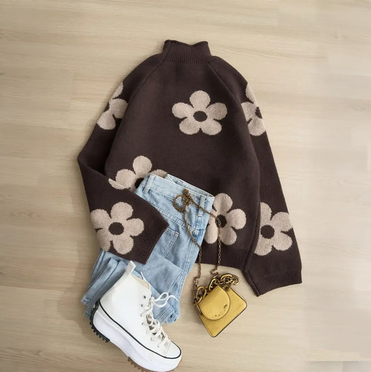 Women'S Elegant Floral Jacquard Sweater Long Sleeve Round Neck