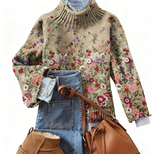 Plus Size Elegant 3D Floral Print High Neck Sweater for Women Stretchy Fabric All-Season Wear
