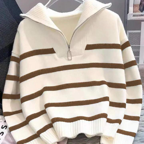 New Autumn/Winter Women Striped Zipper Turtleneck Sweater, Fashion Minimalist Pullover Classic Style,Long Sleeve Tops
