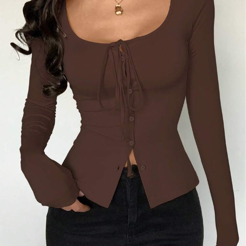 Women's Sexy Solid Knitted Elastic Crew Neck Tie Decor Long Sleeve Bodycon T-Shirt, Versatile Daily Wear Fall Cloth For Women