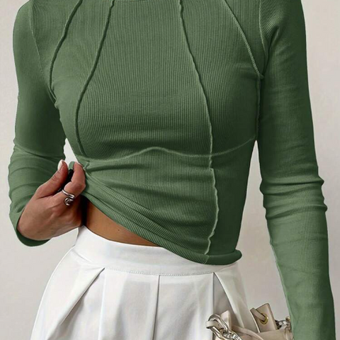 Spring And Autumn Solid Color Split Half-Length Long-Sleeved Round Neck New Women's Top