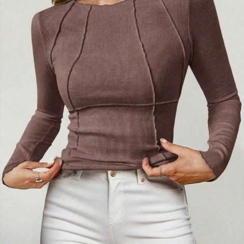 Spring And Autumn Solid Color Split Half-Length Long-Sleeved Round Neck New Women's Top