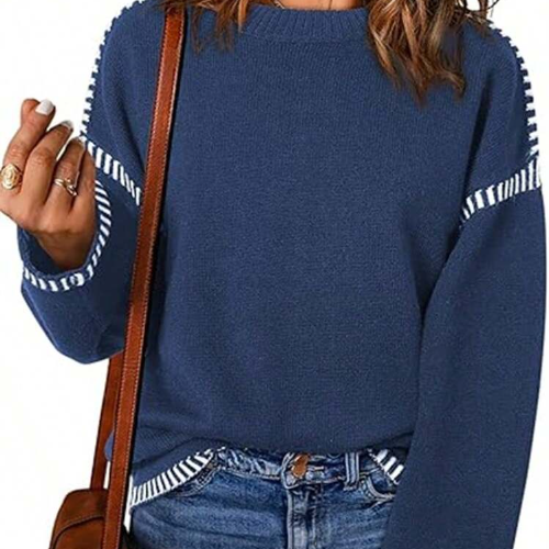 Sweaters For Women Fashion Solid Crewneck Loose Fit Long Sleeve Contrast Cable Knit Pullover Sweater Jumper Top