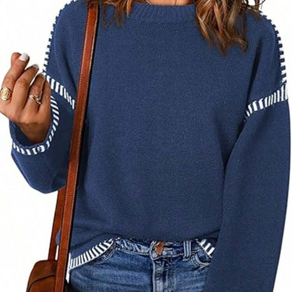 Sweaters For Women Fashion Solid Crewneck Loose Fit Long Sleeve Contrast Cable Knit Pullover Sweater Jumper Top