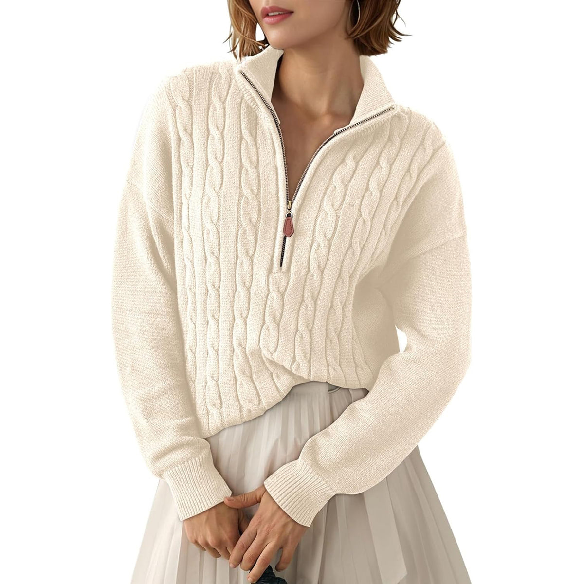 Women's Sweaters 2025 Fall Winter Quarter Zip Casual Ribbed Cable Knit Pullover