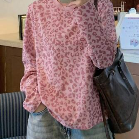 Women's Leopard Print Round Neck Loose Casual Long Sleeve T-Shirt