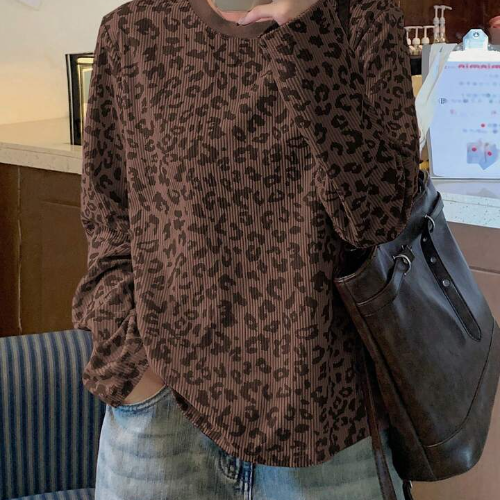 Women's Leopard Print Round Neck Loose Casual Long Sleeve T-Shirt