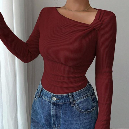 Autumn/Winter New Solid Color Brushed Ribbed Oblique Collar Pleated Long Sleeve T-Shirt