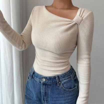Autumn/Winter New Solid Color Brushed Ribbed Oblique Collar Pleated Long Sleeve T-Shirt