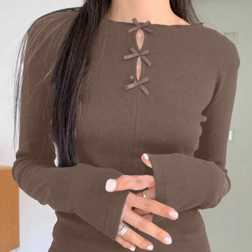 Women's Warm Bowknot Collar Cutout Solid Color Black Long Sleeve Fleece T-Shirt