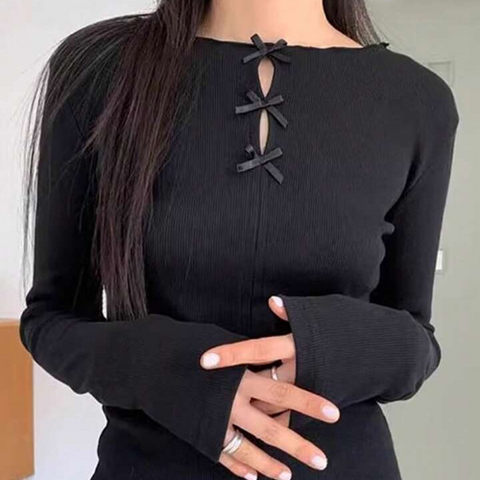 Women's Warm Bowknot Collar Cutout Solid Color Black Long Sleeve Fleece T-Shirt