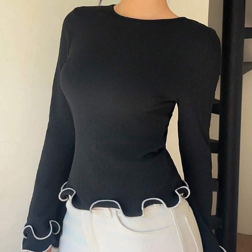 Women's Elegant Commuter Ruffle Trim Long Sleeve T-Shirt