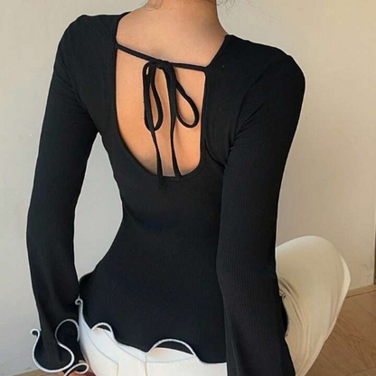 Women's Elegant Commuter Ruffle Trim Long Sleeve T-Shirt