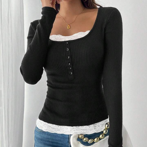 Women Lace Splice Brown Velour Ribbed Crew Neck T-Shirt