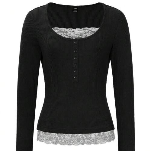 Women Lace Splice Brown Velour Ribbed Crew Neck T-Shirt