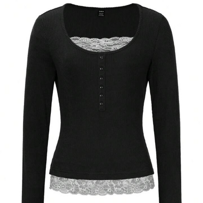 Women Lace Splice Brown Velour Ribbed Crew Neck T-Shirt