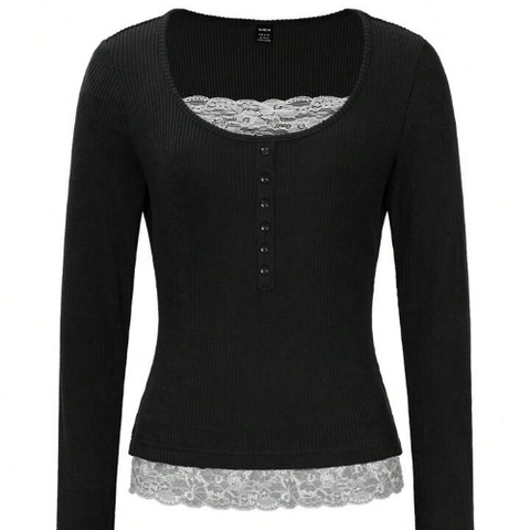 Women Lace Splice Brown Velour Ribbed Crew Neck T-Shirt