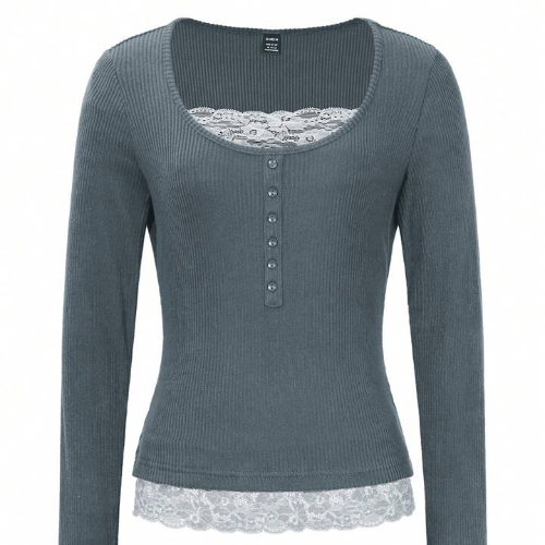 Women Lace Splice Brown Velour Ribbed Crew Neck T-Shirt