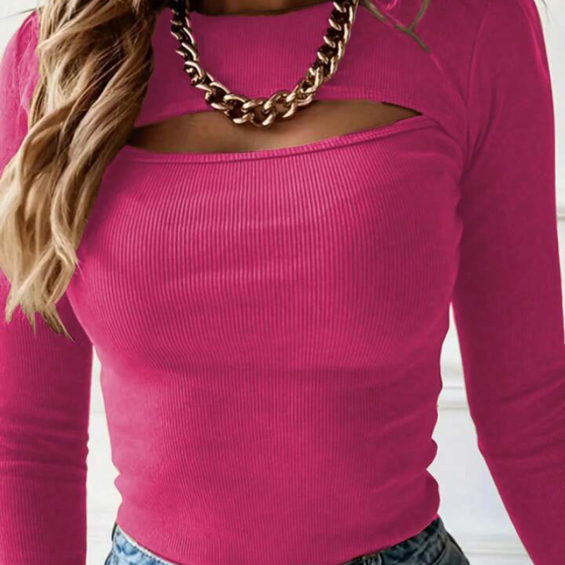 Women's Round Neck Hollow Out Long Sleeve T-Shirt