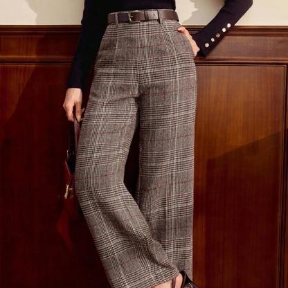 Fitted Plaid Trousers With Belt & Pockets, Coffee Brown Color, Autumn/Winter,Chic Pants For Women