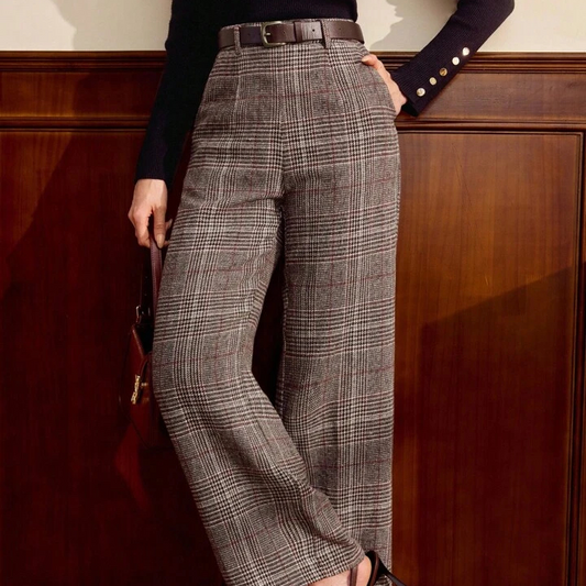 Fitted Plaid Trousers With Belt & Pockets, Coffee Brown Color, Autumn/Winter,Chic Pants For Women