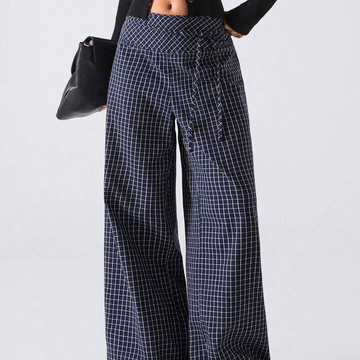 2025 New Arrival Minimalist Fall-Winter Women's Plaid Print Knotted Casual Loose Fit Wide Leg Pants