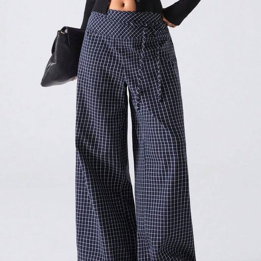 2025 New Arrival Minimalist Fall-Winter Women's Plaid Print Knotted Casual Loose Fit Wide Leg Pants