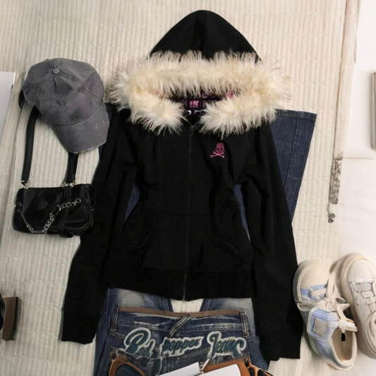 Women's Slim Fit Hooded Sweatshirt Jacket With Faux Fur Collar, Digital Printing