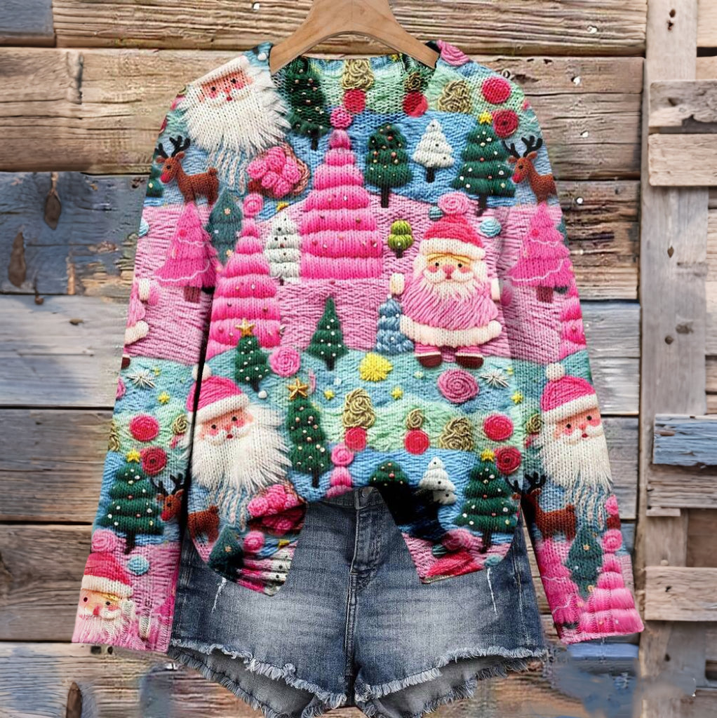 Women's Knitted Pullover Sweater,  Santa Claus Print, Suitable For Christmas