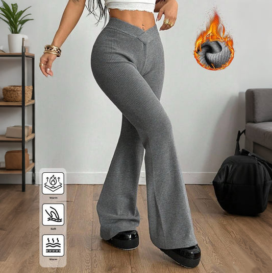 Women's Winter Casual Basic  Knit Chic Grey Thermal Long Wool Flared Pants