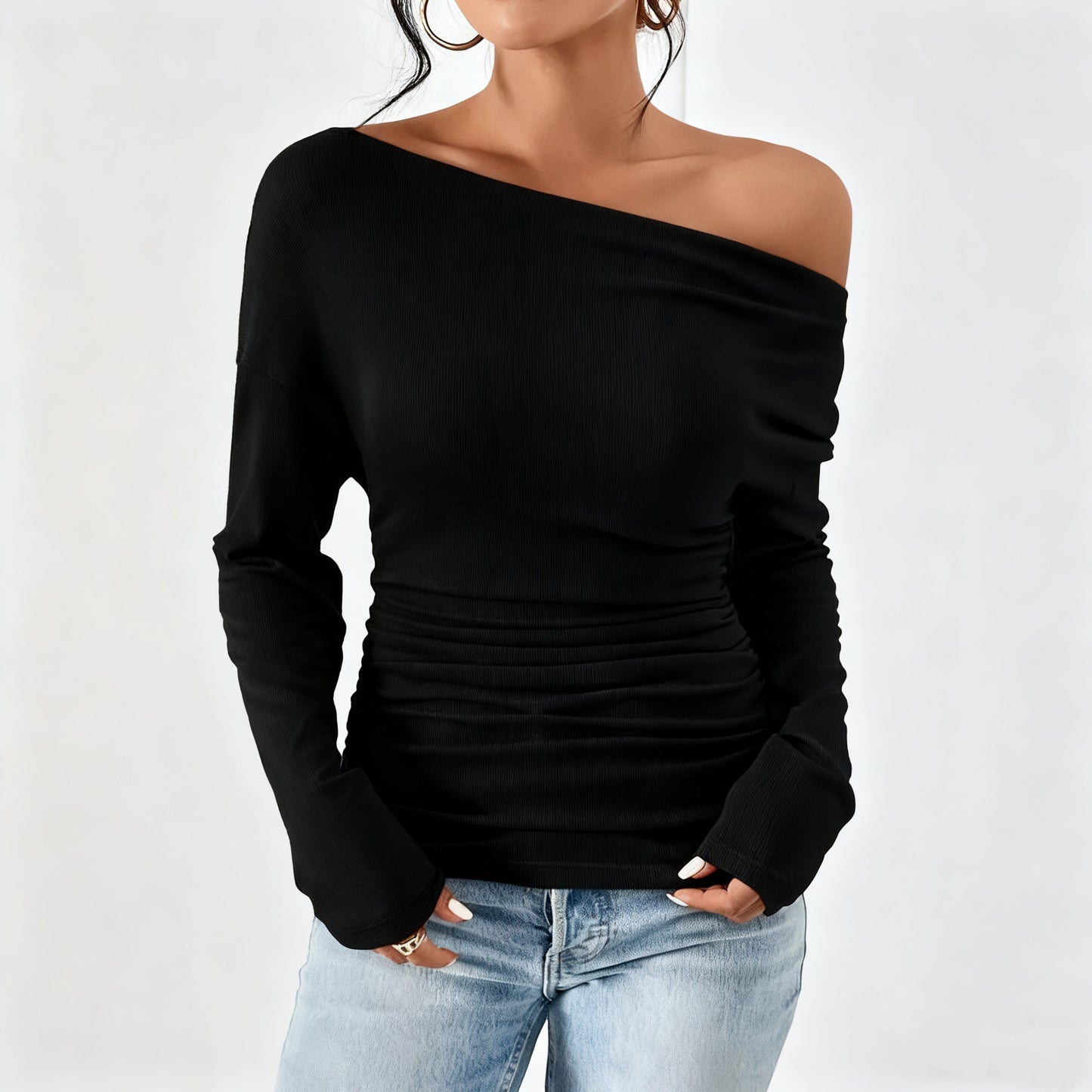 Women's Fashion Asymmetrical Neck Pleated Solid Color T-Shirt