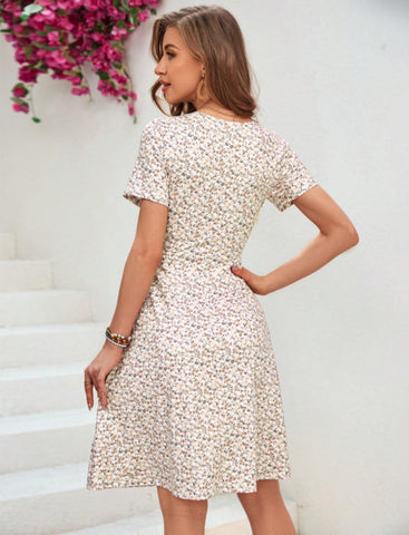 Women's Summer Holiday Floral Printed Overlap V-Neck Short Sleeve Elegant Dress Plus Size