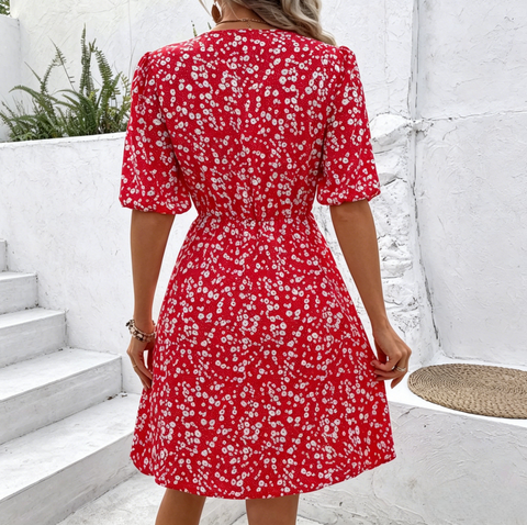 Red Floral V-Neck Floral Print Dress