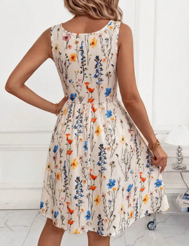 Women's New Elegant U-Neck Cinched Waist Floral Print Vacation Dress