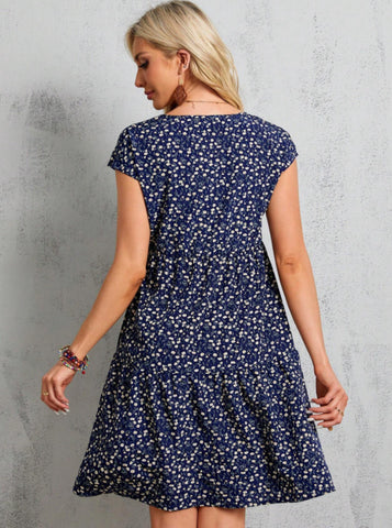 HAOIIF Women's Summer Blue Short-Sleeve Floral Midi Dress Plus Size
